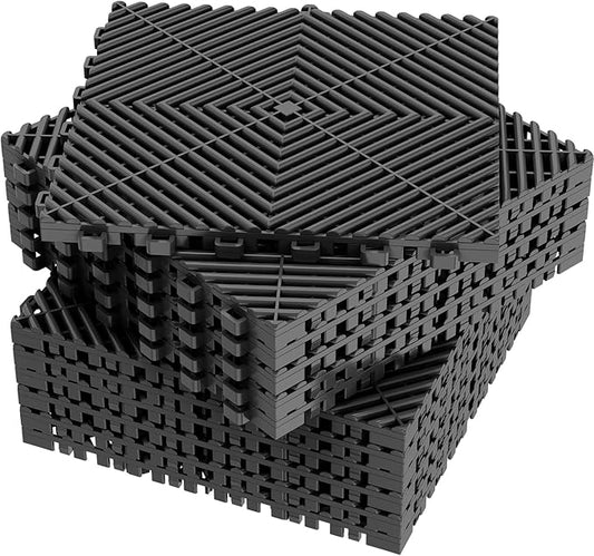 12-Pcs Interlocking Tile, 12" x 12" Indoor/Outdoor Self-Drainage Interlocking Floor Tiles, Non-Slip Heavy-Duty Polypropylene Splicing Flooring Tile for Garage Patio Pool Bathroom, Black