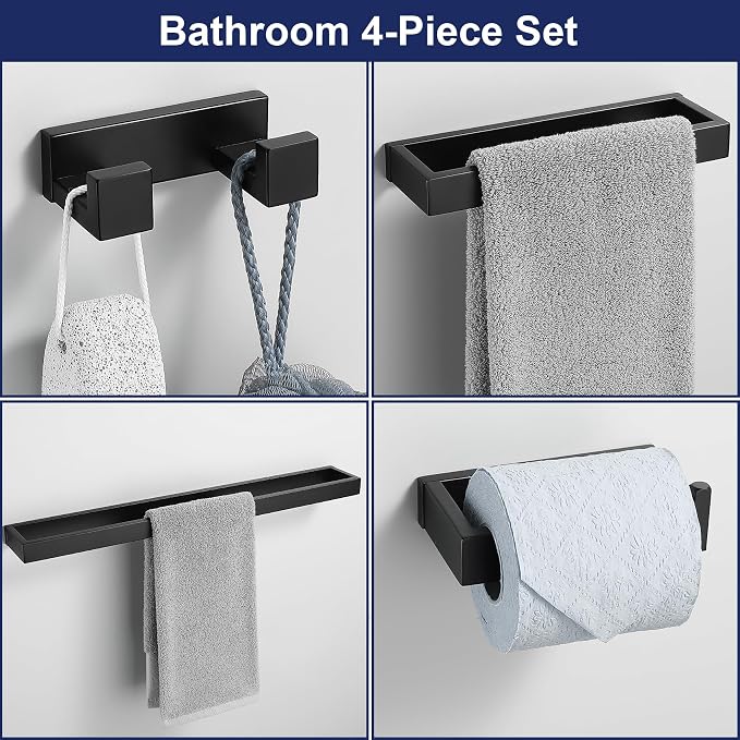 Lairuier Matte Black Bathroom Hardware Accessories, 4PCS Towel Bar Set | Including Towel Bar, Towel Holder, Toilet Paper Holder, Towel Hook, SUS304 Stainless Steel Bathroom Towel Holder Hardware Set