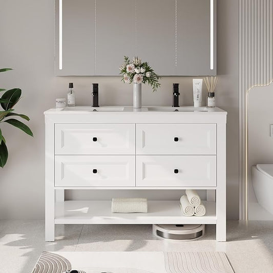 eclife 48" Bathroom Vanity with Sink Combo, Modern Painted Vanities Cabinet with Big Drawers, Opening Bottom Shelf, Raised Foot Pads, Include Undermount White Sink, Faucet & Drain, White