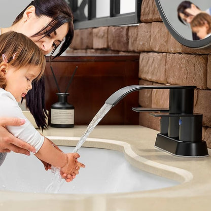 Waterfall Bathroom Sink Faucet 4 Inch Faucet 2 Handle Lead-Free Black, Bathroom Faucet with Water Supply Lines Pop Up Drain, 2 or 3 Holes Bathroom Basin Lavatory Mixer Tap with Deck Mount Plate