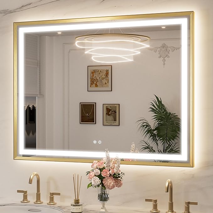 Keonjinn 48x36 Inch Gold LED Bathroom Mirror with Lights, Beveled Edge | Frontlit & Backlit, Lighted Bathroom Mirror, HD Tempered Glass, 3 Color Temperatures, Anti-fog, Stepless Dimmable