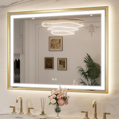 Keonjinn 48x36 Inch Gold LED Bathroom Mirror with Lights, Beveled Edge | Frontlit & Backlit, Lighted Bathroom Mirror, HD Tempered Glass, 3 Color Temperatures, Anti-fog, Stepless Dimmable