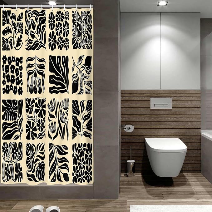 JAWO Retro Shower Curtain Vintage Abstract Boho Floral Shower Curtains for Bathroom Decor Pink Black Botanical Geometric Groovy Aesthetic Pattern Shower Curtain Sets with Hooks,47X64IN