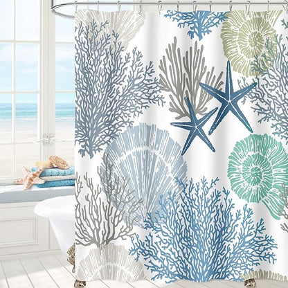 Nautical Coastal Shower Curtain 60x72, Beach Ocean Theme Shower Curtain for Bathroom Decor, Summer Tropical Seashell Starfish Coral Fabric Shower Curtain Set with Hooks, Blue