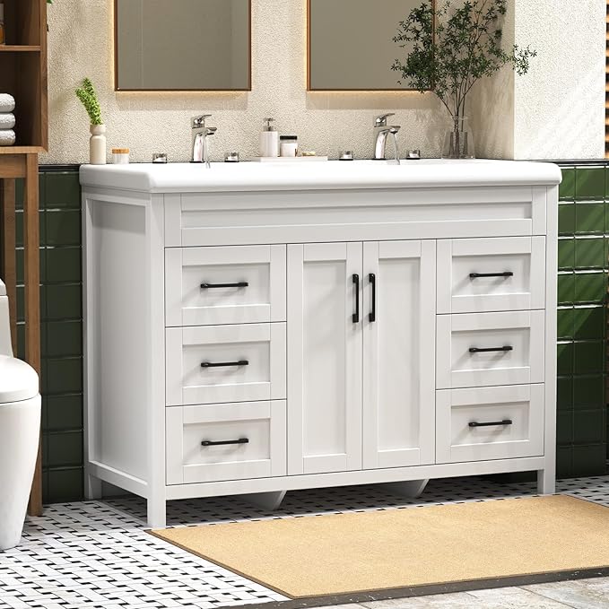 48 Inch Bathroom Vanity with Sink, Bathroom Vanity Cabinet with Doulble Sink, Bath Vanities with 2 Doors and 4 Drawers, White (20" D x 48" W x 36" H)
