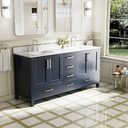 72-Inch Bathroom Vanity with Sink, 4 Soft-Close Doors and 6 Soft-Close Drawers, Bathroom Freestanding Vanity with Cultured Marble Countertop, Navy Blue Vanity with Brushed Nickel Handles