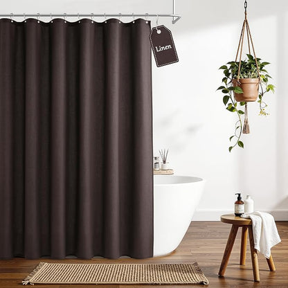 Extra Long Linen Shower Curtain for Bathroom 96 Inches Long Chocolate Brown | 8ft Ceiling to Floor Weighted Bath Curtains Set with Hook, Neutral Boho Farmhouse, Simple Luxury Shower Decor, 1 Panel, 72x96