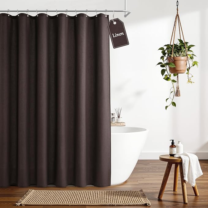 Extra Long Linen Shower Curtain for Bathroom 84 Inches Long Chocolate Brown | Weighted Tall XL Bath Curtain with Hooks, Water Repellent, Neutral Boho Farmhouse, Simple Luxury Shower Decor, 1 Panel, 72x84