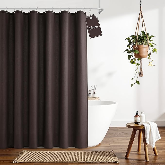 Extra Long Linen Shower Curtain for Bathroom 80 Inches Long Chocolate Brown | Weighted Fabric Bath Curtains with Hooks, Water Repellent, Neutral Boho Farmhouse, Simple Luxury Shower Decor, 1 Panel, 72x80