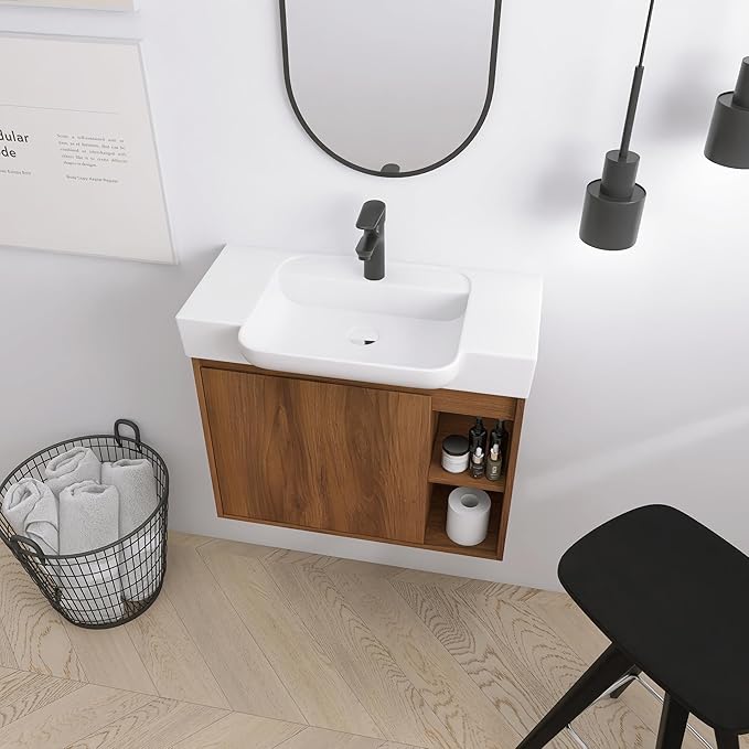 28" Floating Bathroom Vanity with Sink Combo,28 Inch Floating Vanity,Modern Single Sink Bathroom Vanity Combo,Brown Wall Mounted Cabinet Set