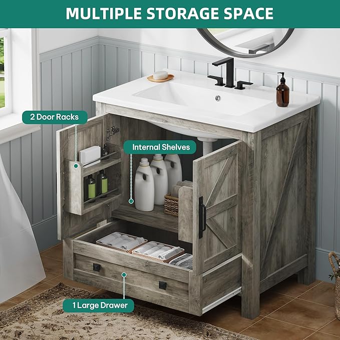 YITAHOME 30 Inch Farmhouse Bathroom Vanity with Sink, Small Space Bathroom Storage Cabinet with Large Drawer, 2 Wood Barn Doors with Built-in Door Racks