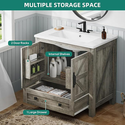 YITAHOME 30 Inch Farmhouse Bathroom Vanity with Sink, Small Space Bathroom Storage Cabinet with Large Drawer, 2 Wood Barn Doors with Built-in Door Racks