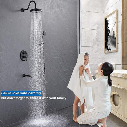 Enga Antique Brass Tub Shower Faucet Fixture Shower System, 8inch Wall Mount Rain Shower with Spout and Hand Spray,Oil Rubbed Bronze