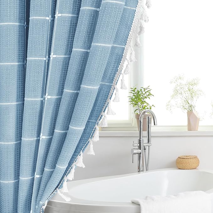 Blue Boho Farmhouse Shower Curtain with Tassels, Rustic Cottagecore Aesthetic Bohemian Chic Modern Bathroom Decor Thick Waffle Textured Fabric Shower Curtain Set with Hooks, 72x72 | 320 GSM French Country Plaid Tassel Shower Curtain, Rustic Aesthetic B...