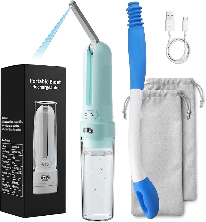Electric Portable Bidet Toilet Aids Wiper Tool Set, Cyan | 2-in-1 travel hygiene kit 15.7" extended length wiping tools 1600mAh Long-lasting Battery USB-C Rechargable IPX7 Waterproof