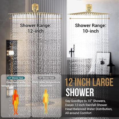 DASAN Full Body Shower System with 6 PCS Body Spray Jets & 12'' Rain Overhead Shower & Handheld, In-Wall Rain Shower System Brushed Gold Shower Faucets Sets Complete with Valve, SA-SS03ABG-S12W