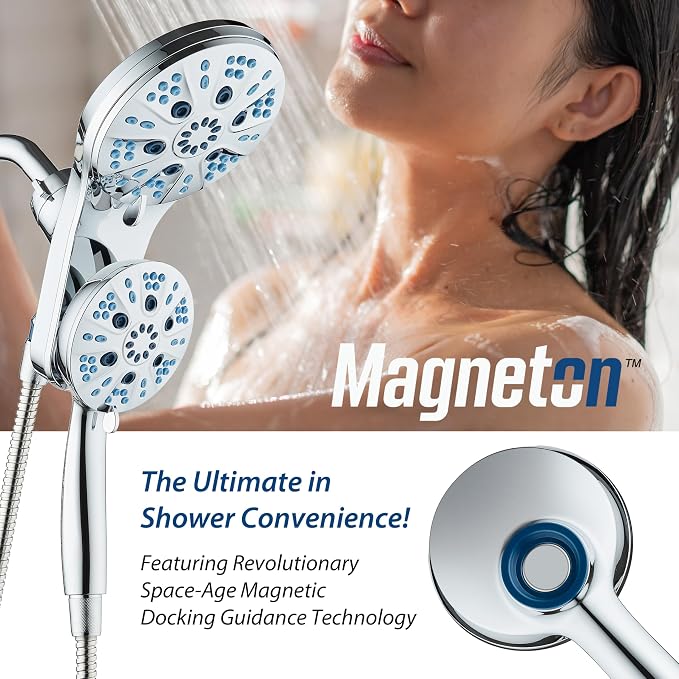 AquaCare Magneton 48-Mode High Pressure Rain & Handheld Shower Head Combo | Space-age Magnetic Guidance Docking, Dual 6-mode Heads with Hygienic Jets, Extra-long 6 ft. Stainless Steel Hose / Chrome