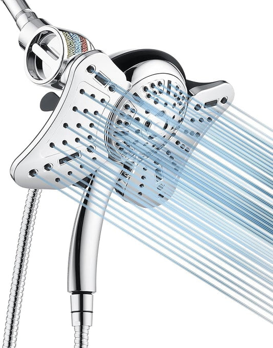 GRICH Shower Head with Handheld Spray - Dual High Pressure Showerhead | Rainfall Shower Heads Combo, Detachable Hand Shower, 9 Spray Settings, 60" Stainless Steel Shower Hose, 2.5GPM, Silver