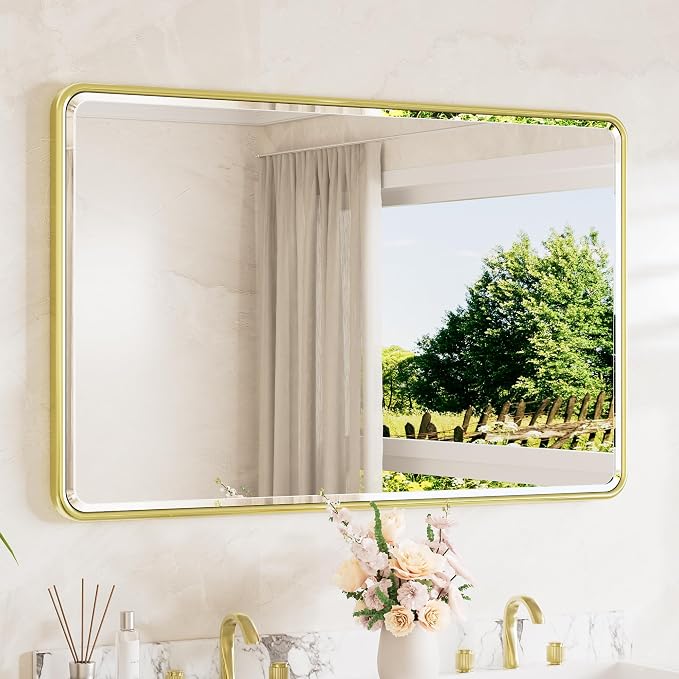 Brushed Gold Mirrors for Over Sink 48 x 30 Beveled Edge Tempered Glass, Rounded Corner Rectangle Framed Mirror for Modern Bathroom, Living Room, Bedroom, Entryway