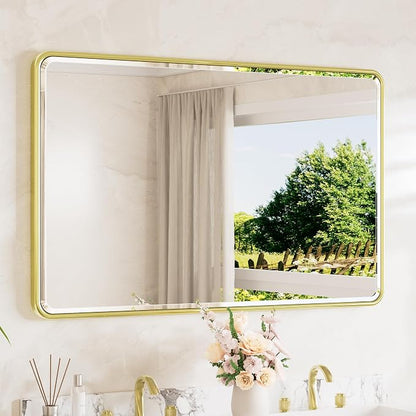 Brushed Gold Mirrors for Over Sink 48 x 30 Beveled Edge Tempered Glass, Rounded Corner Rectangle Framed Mirror for Modern Bathroom, Living Room, Bedroom, Entryway