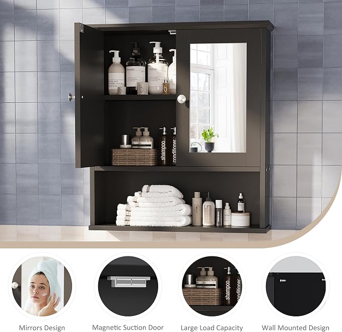 Bathroom Wall Cabinet with Mirror, Bathroom Mirror Cabinet Wall Mounted, Over Toilet Medicine Cabinets with Adjustable Shelf, Large Capacity, Black