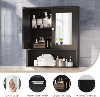 Bathroom Wall Cabinet with Mirror, Bathroom Mirror Cabinet Wall Mounted, Over Toilet Medicine Cabinets with Adjustable Shelf, Large Capacity, Black