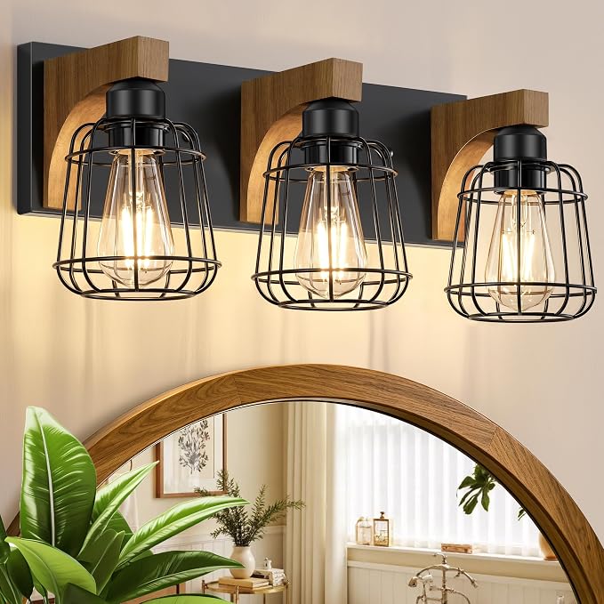 Dpyrrhic 3-Light Bathroom Light Fixtures, Wood Bathroom Wall Lights, Modern Bathroom Vanity Light with Cage Metal Shade, Bathroom Wall Lamp for Mirror Kitchen Bedroom Living Room