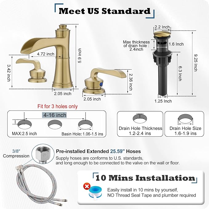 Brushed Gold 3 Hole Bathroom Faucet, 4-16 Inch Widespread Waterfall Faucet for Bathroom Sink with Pop-up Drain, Supply Water Hose and 2 Handle for Vanity, Brass