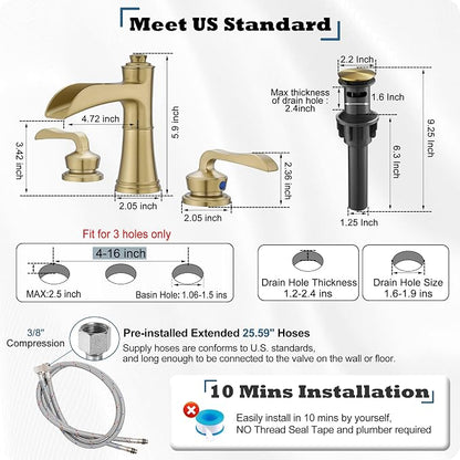 Brushed Gold 3 Hole Bathroom Faucet, 4-16 Inch Widespread Waterfall Faucet for Bathroom Sink with Pop-up Drain, Supply Water Hose and 2 Handle for Vanity, Brass