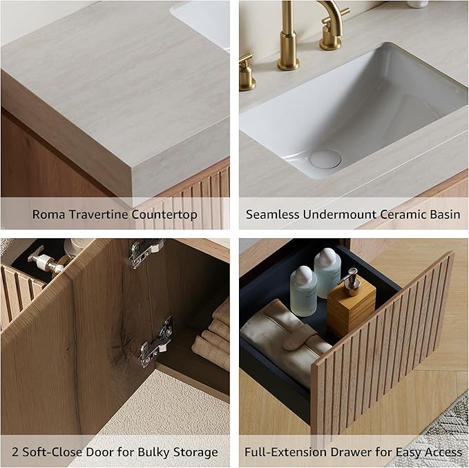 48” Floating Bathroom Vanity with Sink, Wall-Mounted Cabinet with Drawer & Doors, Roma Travertine-Pattern Countertop, Undermount Basin, 3 Faucet Hole, Soft-Close, Pre-Assembled, Light Oak