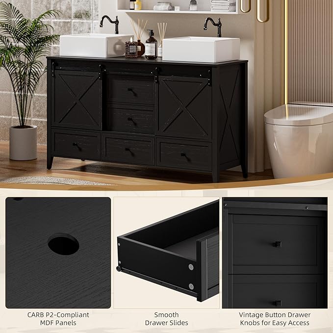 VNN Bathroom Vanity with Sink - 60 Inch Bathroom Vanity Double Sink Ceramic, Freestanding Cabinet with 2 Farmhouse Sliding Barn Doors and 5 Drawers, Space-Saving Storage Cabinet, Black Wood Grain