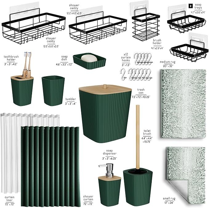 Clara Clark Bathroom Accessories Set - 27PC Bathroom Set with Adhesive Corner Shower Caddy Hanging, Bathroom Sets with Shower Curtain and Rugs, Ombre Green Shower Curtain Set with Bathroom Trash Can | 27 Piece Ombre Green Bathroom Sets with Shower Curt...
