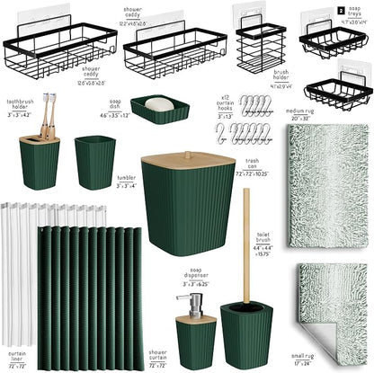 Clara Clark Bathroom Accessories Set - 27PC Bathroom Set with Adhesive Corner Shower Caddy Hanging, Bathroom Sets with Shower Curtain and Rugs, Ombre Green Shower Curtain Set with Bathroom Trash Can | 27 Piece Ombre Green Bathroom Sets with Shower Curt...
