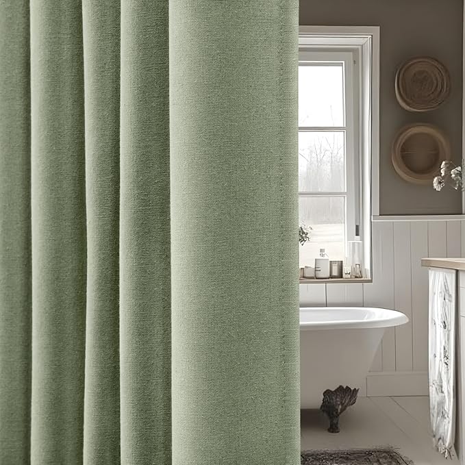 Linen Shower Curtain Green, Fabric Boho Farmhouse Shower Curtains for Bathroom Cotton Natural Cloth Liner Set 72" W x 72" L