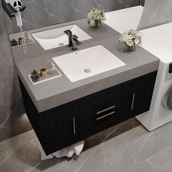 40 inch Modern Floating Bathroom Vanity with Sink, Wall Mounted Bathroom Cabinet with Ceramic Sink, Grey Sintered Stone Countertop, 2 Soft Closing Drawers & 2 Storage Cabinet, Gold Handle, Black