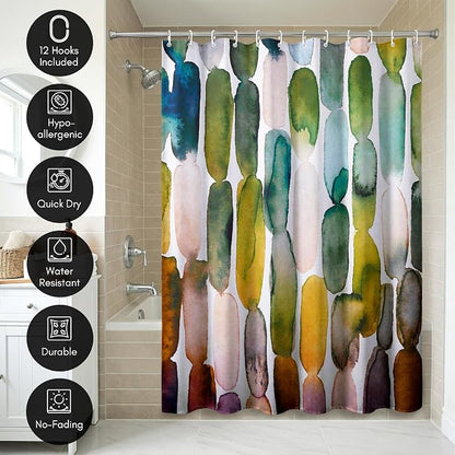 Americanflat 71x74 Oval Pattern Shower Curtain - Water-Resistant Long Shower Curtain with Metal Grommets and 12 Hooks - 100% Polyester - Olive Green, Teal, Yellow, Blush Pink, Plum and Burnt Orange
