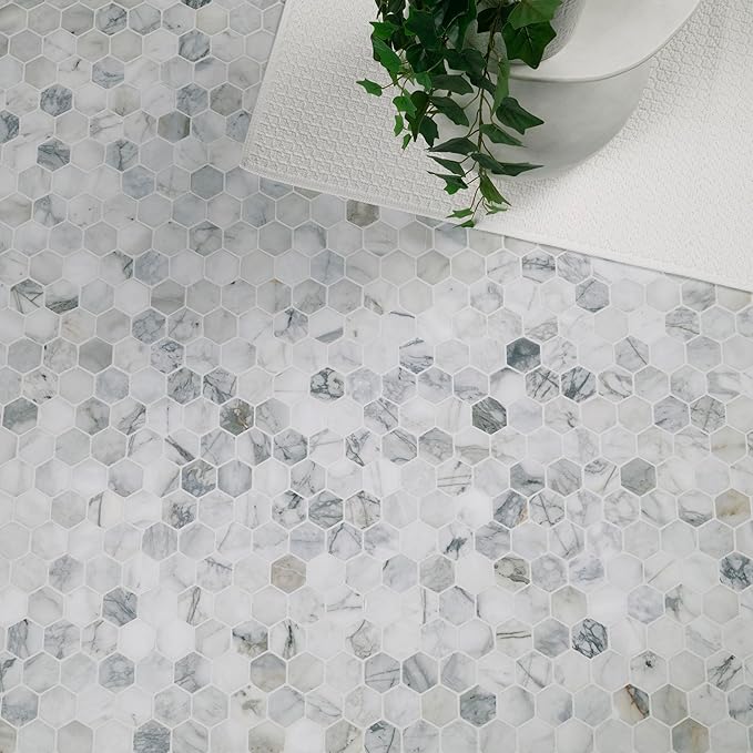 MSI Calacatta Cressa 12 in. x 12 in. Hexagon Honed Marble Tile – Kitchen Backsplash, Bathroom Wall, Accent or Shower Wall, Mesh-Mounted Mosaic, White