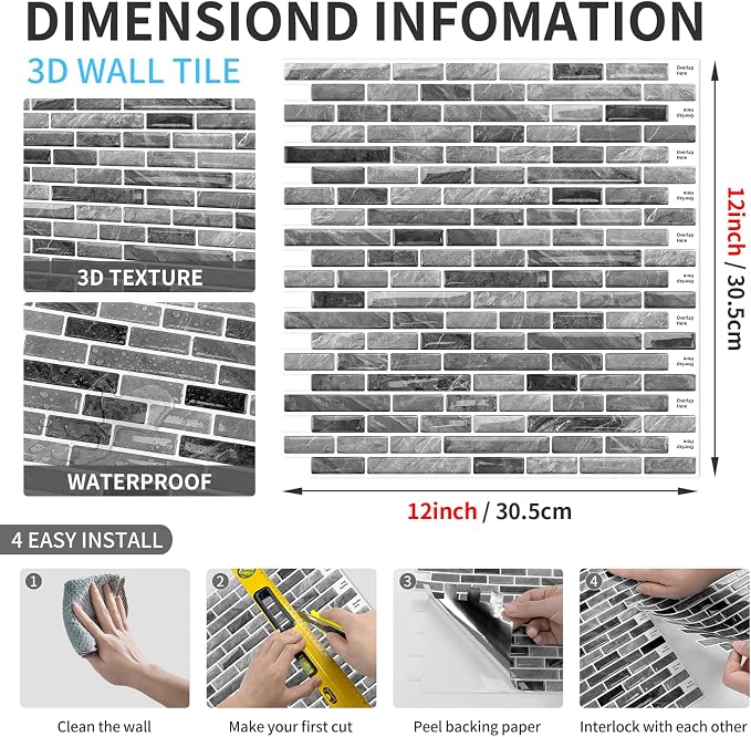 URCOLOR 10-Sheet Peel and Stick Backsplash Tile for Kitchen - 12”×12” Stick on Wall Tile for Bathroom, Dark Grey