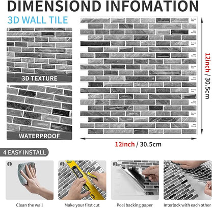 URCOLOR 10-Sheet Peel and Stick Backsplash Tile for Kitchen - 12”×12” Stick on Wall Tile for Bathroom, Dark Grey