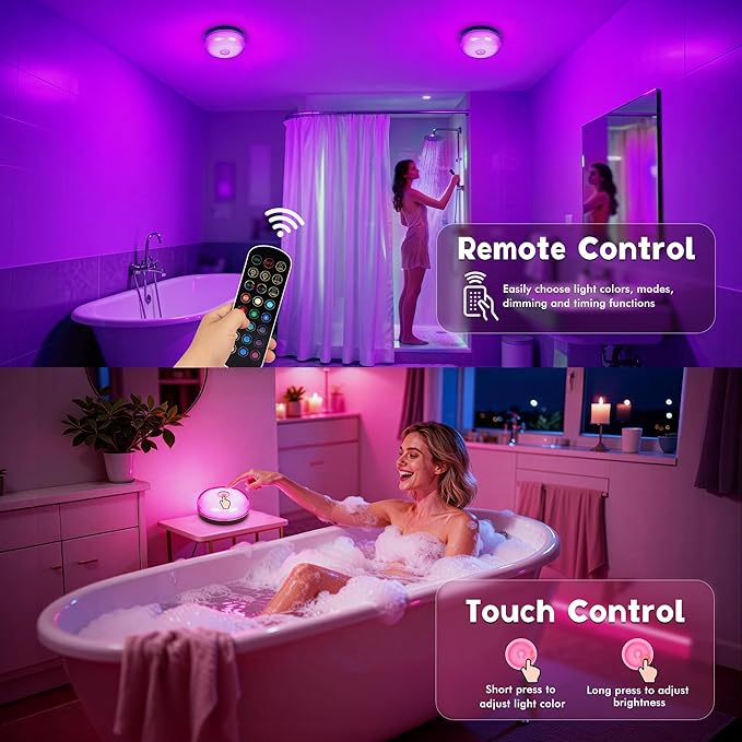 Rechargeable Shower Light for Inside Shower, 15 Color Changing Waterproof Shower Light with Remote Timer Dimmable , Wireless LED Mood Lighting for Shower Bathroom Closet Bedroom,Livingroom,4 Pack