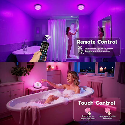 Rechargeable Shower Light for Inside Shower, 15 Color Changing Waterproof Shower Light with Remote Timer Dimmable , Wireless LED Mood Lighting for Shower Bathroom Closet Bedroom,Livingroom,4 Pack