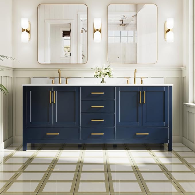 80-Inch Bathroom Vanity with Sink, 4 Soft-Close Doors and 6 Soft-Close Drawers, Bathroom Freestanding Vanity with Cultured Marble Countertop, Navy Blue Vanity W/Gold Handles