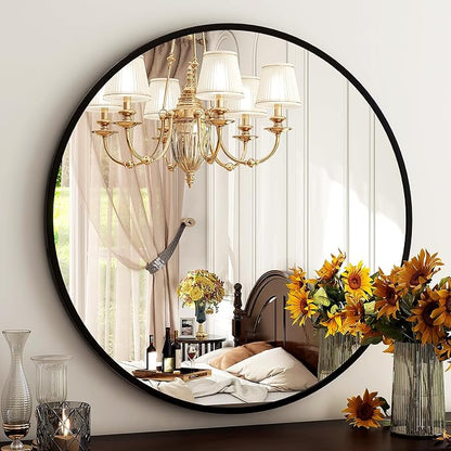 HARRITPURE 24 Inch Round Mirror Black Circle Bathroom Mirror | Modern Aluminum Alloy Frame Wall Mounted Vanity Mirror for Living Room, Bedroom, Entryway