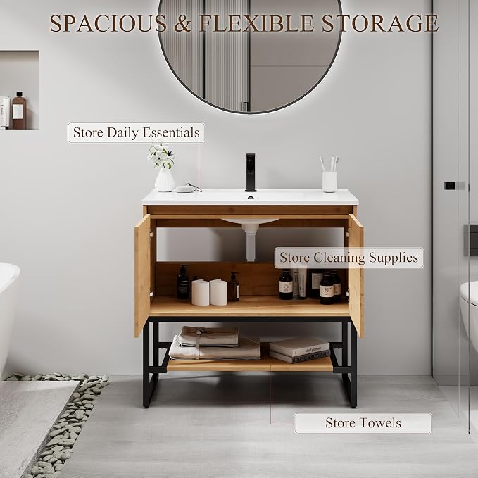 LUCKWIND 36" Modern Bathroom Vanity with Single White Sink Combo, Freestanding Storage Cabinet with Metal Frame, Matte Black Faucet and Open Shelf and 2 Soft-Closing Door, Natural