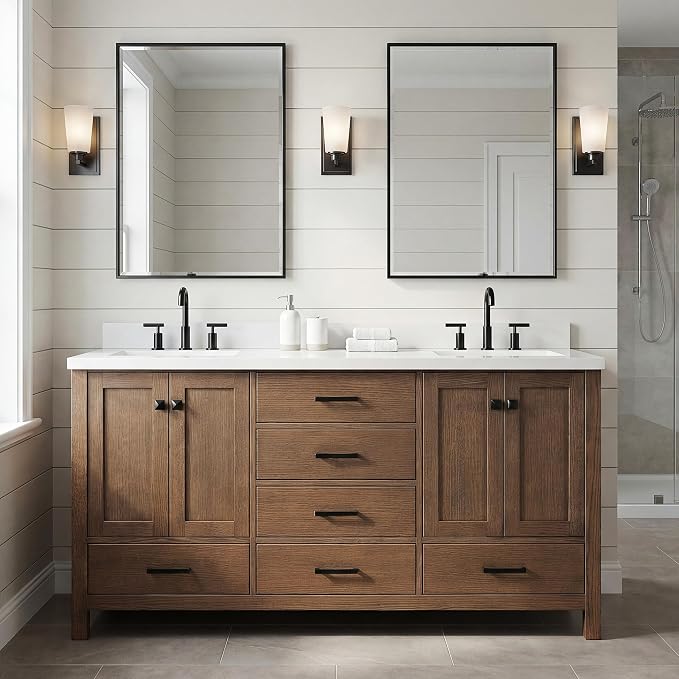 Beckford 66-Inch Brown Oak Double Bathroom Vanity with Sink, 1.5-Inch Edge Pure White Quartz Countertop & 4" Backsplash, Soft-Closing Doors & Drawers, Solid Oak Wood Construction