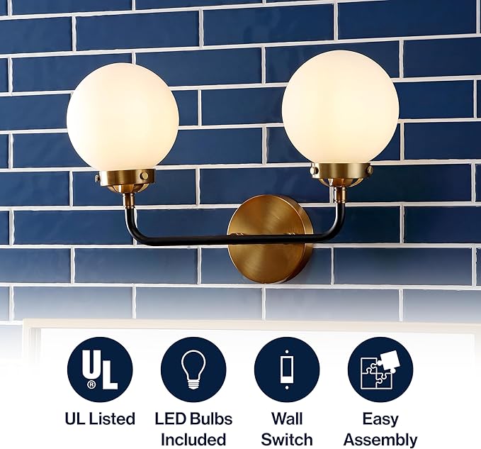 JONATHAN Y 18" Brass Gold/Black/White 2-Light LED Wall Sconce Vanity Lighting, Clear Glass Globe Shade Modern Contemporary Sconce for Bathroom Mirror, Hallway, UL Listed (JYL9057B)