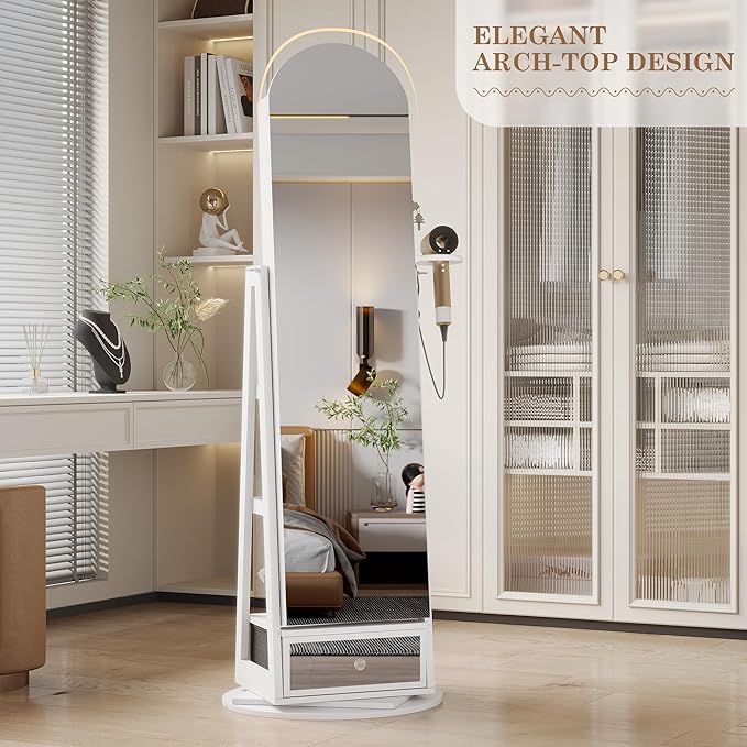 LVSOMT 64" H Arched LED Mirror Jewelry Cabinet Standing, White | 360° Swivel Full-Length Mirror with Storage, Lockable Jewelry Organizer with Inner Makeup Shelf, Gift for Women