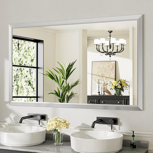 60x36 Inch Brushed Silver Bathroom Mirror for Wall, Thick Metal Framed Rectangle Mirrors for Over Sink, Bedroom, Living Room, Entryway, Anti-Rust, HD Tempered Glass