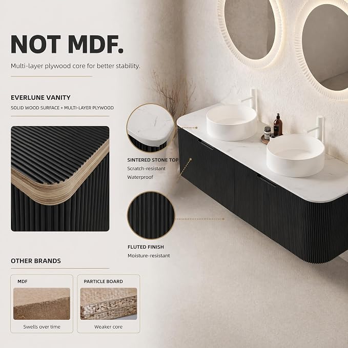 60 Inch Double Sink Bathroom Vanity, Floating Wall Mounted Cabinet, Black Curved Fluted Front, Stone Top, Dual Pure White Round Vessel Basins, Pre-Assembled