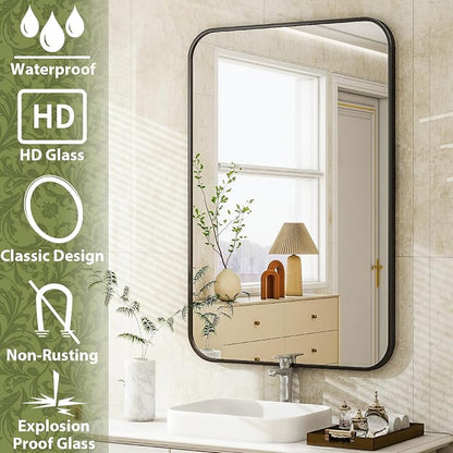 Easly 30 x 40 Inch Bathroom Mirror, Rounded Rectangular Vanity Mirror for Wall, Modern Mirror for Room Decor, Black Framed Wall-Mounted Mirrors for Home Decor, Hangs Horizontally or Vertically